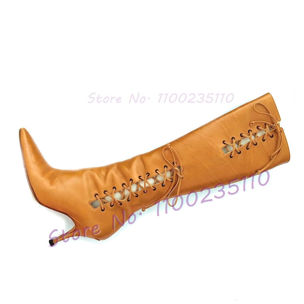 Tan Cross Tied Knee High Boots - مراجعة Crossfit Outfit وسعره