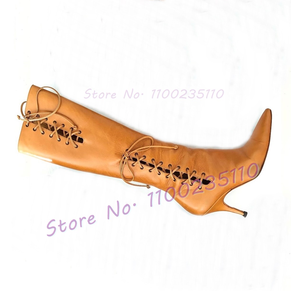 Tan Cross Tied Knee High Boots - مراجعة Crossfit Outfit وسعره