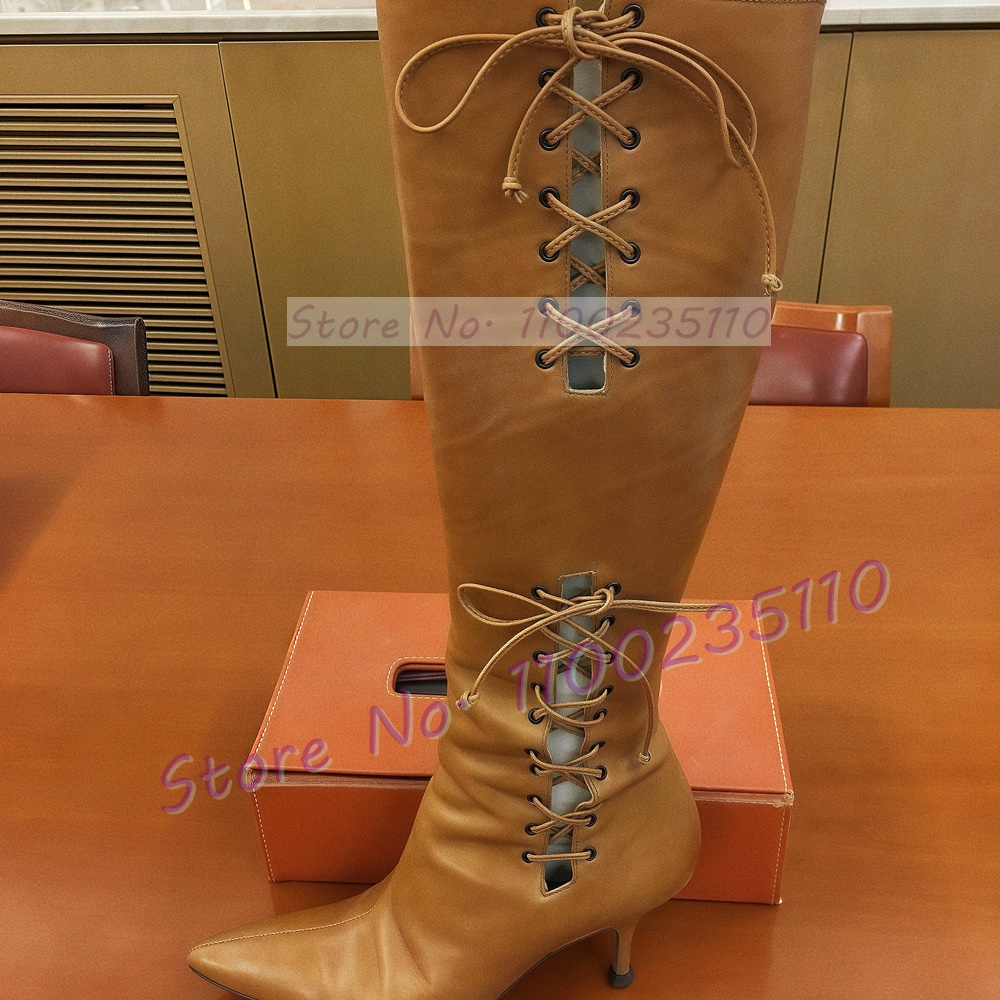 Tan Cross Tied Knee High Boots - مراجعة Crossfit Outfit وسعره